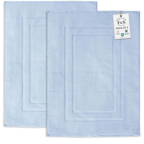 Feather & Stitch 2 Piece Towel Like Bath Mats (30x21 Inch) 100% Cotton Terry Bath Mats, Bathroom Shower Floor Mats [NOT A Bathroom Rug], Soft Absorbent Washable Mats - Sky Blue - color: Sky Blue