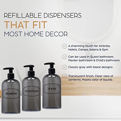 16 oz Plastic Shampoo Conditioner Wash Pump Dispensers (Gray) | lotion pumps, refillable, reusable, high-viscosity, bottle set, shower bottles - color: Gray