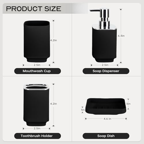 4 Piece Bathroom Accessories Set, Black Boho Bathroom Decor, Bathroom Sets Complete, Soap Dispenser, Toothbrush Holder, Mousewash Cup and Soap Dish, Bathroom Sink Set for Modern Home Decor - color: Black, size: 4PCS