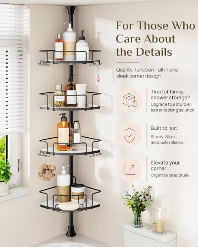 ALLZONE Corner Shower Caddy Tension Pole, 4 Hang-On Basket with Mixed-Height Shelves for Various Bottle Sizes, Extra Hooks & Soap Holder, Rustproof Stainless Steel, Fits 34–116 Inch, Black/White - color: Black/White