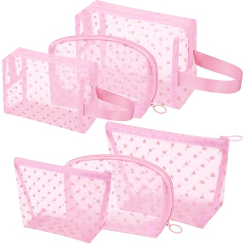 6 Pieces Zipper Mesh Makeup Bags Set, Nylon Cosmetic Bags Portable Clear Toiletry Bas Travel Organizer Bags for Office Travelling Organization (Pink Heart Printed, Assorted Size) - color: Pink Heart Printed