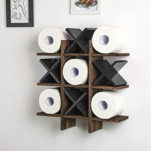 Weysat Tic Tac Toe Toilet Paper Holder Stand Bathroom Wall Decor Rustic Wooden Hanging Storage Freestanding Wall Mounted Shelves Decor for Toilet Tissue Farmhouse - color: Brown, Black