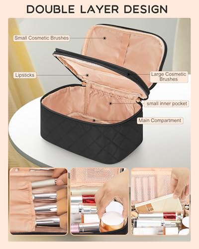 Relavel Travel Makeup Bag, Large Cosmetic Bag with Separate Makeup Brush Compartment, Cute Make Up Pouch for Women, Double Layer Toiletry Organizer Bag for Travel - Black - color: 01-Black, size: X LARGE