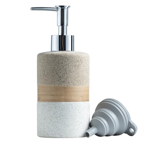 Ceramic Dish Soap Dispenser Set with Silicone Funnel, Hand Soap, Shampoo, Body Wash, Lotion Dispenser for Kitchen and Bathroom, Stainless Steel Pump, Non Slip, 12 Oz - color: Beige and White, size: 1xSoap Dispenser