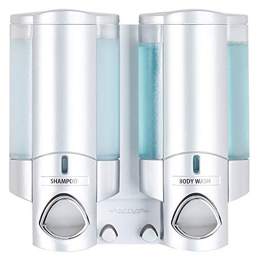 Better Living Aviva Wall Mount Shower Dispenser, 2 x 11oz, Satin Silver | 2 Chamber, Shampoo, Conditioner, Body Wash and Soap Dispenser, Built-in Hooks, No Drill, Waterproof Shampoo Soap Dispenser - color: Satin Silver, size: 2-Chamber