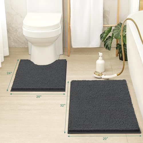 HOMEIDEAS Bathroom Rugs Set 2 Pieces, Ultra Soft Non Slip Absorbent Chenille Toilet Bath Mat Set (Charcoal/Dark Grey) - color: Grey-charcoal, size: 1'8" x 2'8" (U Shape 20"x24"+20"x32")