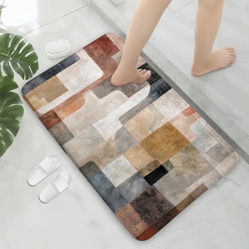 Boho Abstract Beige Brown Grey Bath Rug, Midcentury Art Geometric Floor Mat Non-Slip Microfiber Soft Plush Bathroom Mat Carpets Floor Mat for Bedroom Kitchen Bathroom Toilet 17x29 Inch - color: Beige Brown