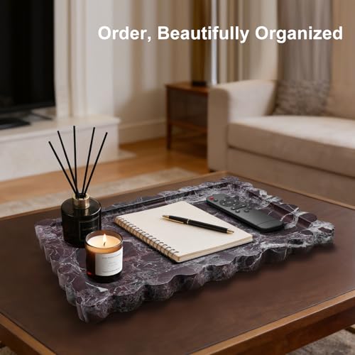 14" x 10" Large Genuine Rosso Levanto Scalloped Marble Tray, Pre-Sealed for Stain & Water Resistance, Luxury Decorative Trays for Vanity, Bathroom, Dresser, Coffee Table, Home Decor - color: Rosso Levanto