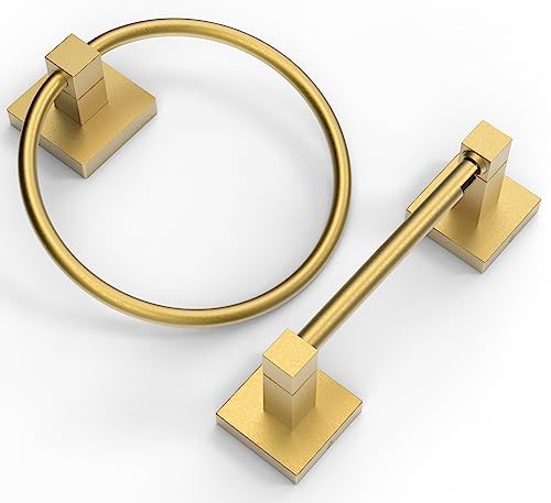 Ruacq Brushed Gold Toilet Paper Holder Towel Ring Bathroom Accessories Hardware Set Double Post Pivoting Toilet Roll Holder Square Stainless Steel and Zinc Alloy Modern Wall Mounted 2 Pieces - color: Brushed Gold, size: 2pcs