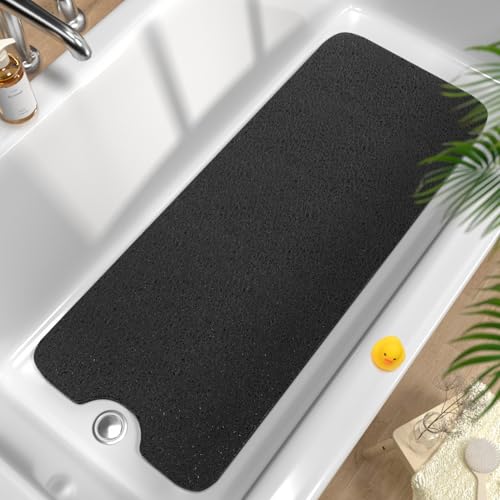 HITSLAM Non Slip Bathtub Mat 40 x 16 Inch, Extra Long Bath Mat for Tub, Soft PVC Loofah Shower Floor Mat with Drain, Quick Drying Bathroom Tub Mat for Wet Area, Without Suction Cup, Black - color: Black, size: 40" x 16" (Rectangular)