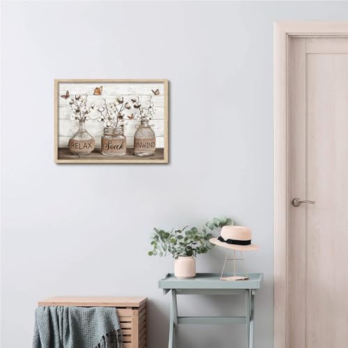KISSFOX Framed Wall Art Bathroom Wall Decor Farmhouse Pictures Relax Soak Unwind Canvas Art Neutral Inspirational Quotes Paintings Artwork For Restroom - color: Vase-Cotton, size: 16x20 in