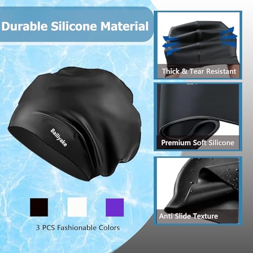 3 Pack Extra Large Swim Cap for Braids & Dreadlocks - Waterproof Silicone Swim Hat for Women with Long Thick Hair, Protective Swim Cap Cover Ears for Swimming, Shower, Bathing - color: Black+Purple+White