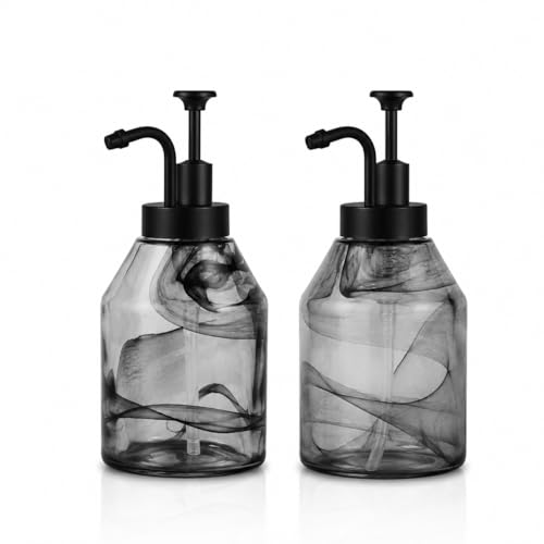 Bathroom Glass Soap Dispenser Set, 2 Pack 12.5 Oz Unique 3D Black Smog Thick Glass Hand Soap Bottle with Smooth Action Rust-Free ABS Pump, Kitchen Dish Soap Dispenser (Black) - color: Black-02
