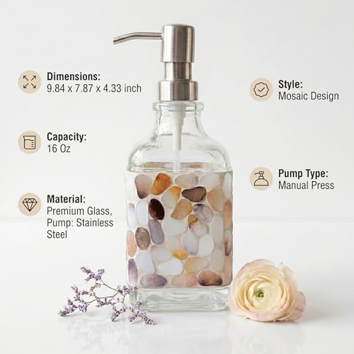 BOPPIE Handcrafted Mosaic Glass Soap Dispenser, Modern Countertop Hand & Dish Soap Dispenser for Bathroom/Kitchen, Refillable Liquid Soap Bottle with Stainless Steel Rust Proof Pump (Colorful Dots) - color: Colorful Dots