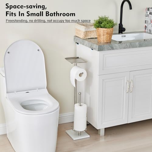 Toilet Paper Holder with Shelf, Free Standing Toilet Paper Holder with Storage - Toilet Paper Stand for Holding Extra 3 Rolls, Tissue Holder for Bathroom (Brushed Nickel with Marble Base) - color: Brushed Nickel With Marble Base