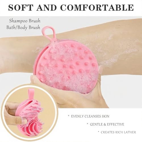 Douji Double-Sided Silicone Body Scrubber Shower Bath Brush, Handheld Cleansing Skin Brush for Sensitive Kids Women Men All Kinds of Skin（Pink） - size: Pink