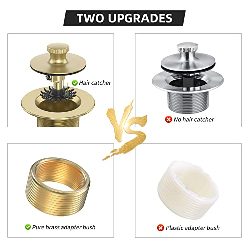 Brushed Gold Bathtub Drain Bath Tub Trim Set Conversion Kit Assembly, All Brass Lift and Turn Twist Tub Drains Replacement Trim Kit with Two-Hole Overflow Faceplate - color: Brushed Gold