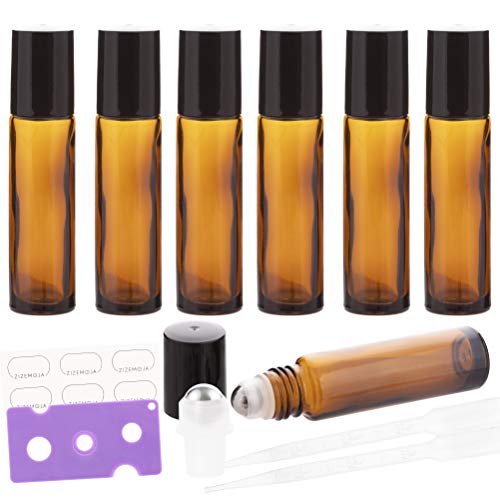 6Pcs 10ml Essential Oil Roller Bottles, with Stainless Steel Roller Balls, 10ml Amber Glass Roll on Bottles for Essential Oils, 1 Extra Roller Ball, 6 Labels, 1 Openers, 2 Droppers Included - color: Brown