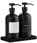 Glass Soap Dispenser Set of 2 (Black) with Silicone Tray | Hand and Dish Soap Dispenser for Kitchen and Bathroom | 16.8 Oz Glass Bottles with Stainless Steel Pump & 15 Waterproof Labels (Black) - color: Black