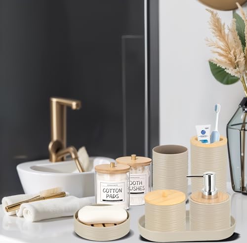 IMAVO Bathroom Accessory Set-11Pcs Beige Bathroom Accessories Set with Trash Can,Soap Dispenser,Soap Dish,Toothbrush Holder,Toothbrush Cup,Toilet Brush Holder,Qtip Holder Dispenser with Labels - color: Apricot, size: 11 PCS Bathroom Set