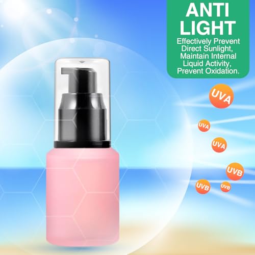 3PCS 30ML/1OZ Empty Pink Frosted Glass Bottles with Pump Refillable Vial Cosmetic Dispenser Jars Storage Travel Lotion Container Portable Sample Bottle for Toiletries,Foundation,Cream,Gel,Lotion - color: Pink, size: 1 Ounce