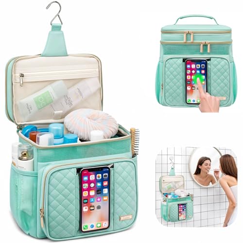 Tealari Large Toiletry Bag for Women Men,Bathroom Bag,Water Resistant Shower Bag,Makeup Bag,Portable Shower Caddy for College Dorm,Hanging Travel Toiletry Bag with Transparent Waterproof Phone Pocket - color: Green