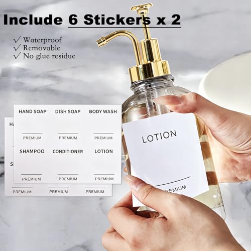 12oz Dish Soap Dispenser for Kitchen, Hand Glass Soap Dispenser Set with Pump, Tray, Funnel for Bathroom, Shower, Laundry, Liquid, Lotion (Gold 2 Pack Clear Bottles with 12 Stickers) - color: Gold, size: 12Oz