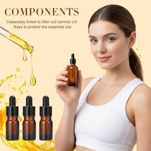 erioctry 5ML/10ML Amber Glass Essential Oil Bottles and Eyed Dropper Black Caps Makeup Cosmetic Sample Container Boxes of Glass for Essential Oil Aromatherapy Use(Pack of 12) (5ML) - size: 5ML