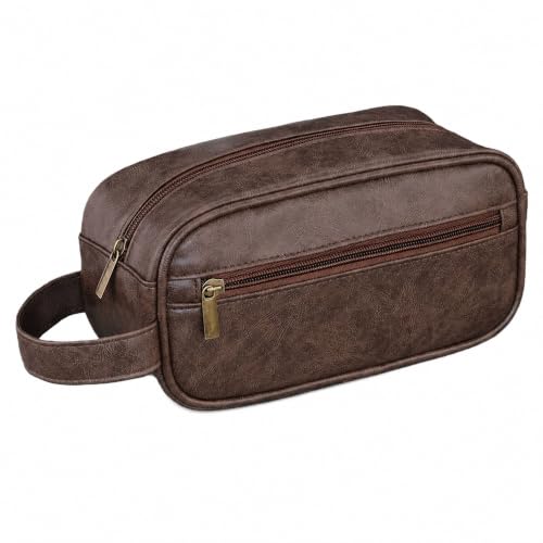 Men's Toiletry Bag, Vintage PU Leather Travel Shaving Case, 9.1" Lightweight Toiletries Organizer Pouch, Premium Grooming Gift for Husband Dad, Khaki (Brown) - color: Brown