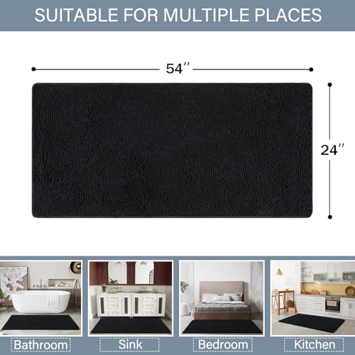 LOCHAS Luxury Bathroom Rug Shaggy Bath Mat 24 x 54 Inch, Washable Non Slip Bath Rugs for Bathroom Shower, Soft Plush Chenille Absorbent Carpets Mats, Black - color: Black, size: 2' X 4'6" (24''x54'')