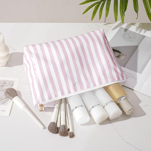 RSRSLEII Large Waterproof Travel Stripe Makeup Bag,Aesthetic PVC Toiletry Bag,Coquette Cosmetic Bag Organizer,Cute Preppy Carry-on Travel Accessories Essentials for Women Girls(Striated pink) - color: Striated pink