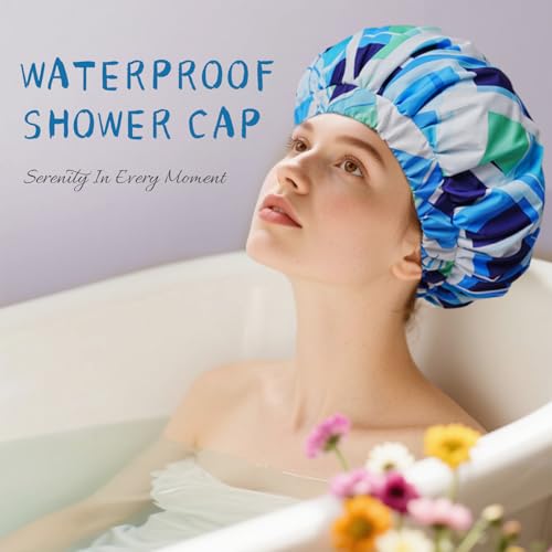 Years Calm Shower Caps for Women Reusable Waterproof, Double-Layer Extra Large Elastic Hair Cap for Shower for Long Hair & Braids, Travel & Home - color: blue