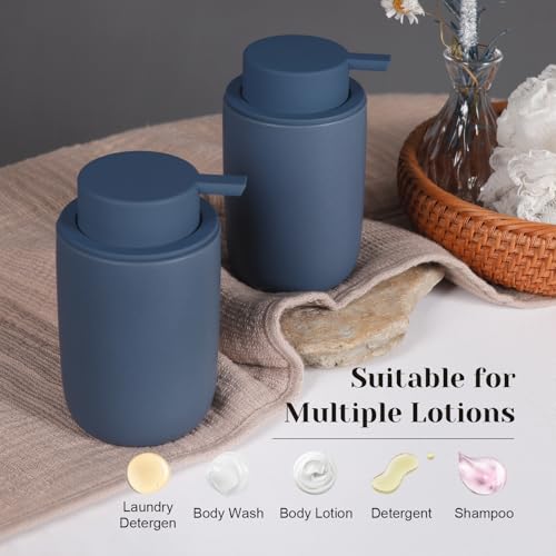 INGOFIN Ceramic Soap Dispenser Set, 2 Pack (12 oz) Bathroom Hand Soap Dispenser with Pump, Liquid Hand and Dish Dispenser Set with 8 Pcs Clear Stickers, for Kitchen -Matte Blue - color: Blue-liquid
