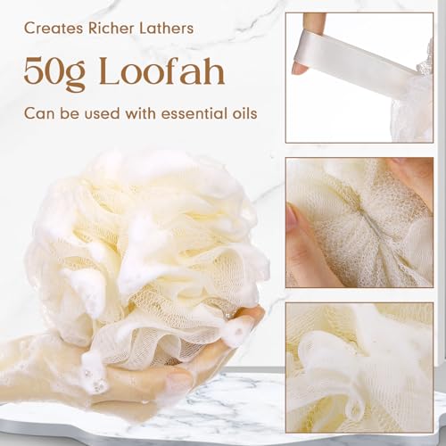 Sunnyray 4 Pack Back Scrubber for Shower and Shower Loofah Sponge Set, 50g Shower Loofah Poufs, Loofah Body Scrubber with Long Handle, Loofah on a Stick Bathing Accessories for Body Brushes