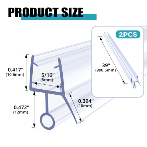 2 PCS 39" Shower Door Bottom Seal, 5/16 Inch Shower Door Sweep for 8mm Glass,Frameless Glass Door Seal Strip to Seal 11mm Gap,Stop Shower Leaks and Create a Water Barrier - color: i-CLEAR, size: 2pcs for 5/16" glass