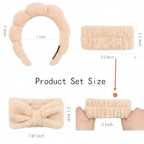 Face Washing Headband and Wristband Set, Khaki | Soft absorbent fabric, snug head-hugging fit for face washing, skincare, makeup, masks, travel, women and teen girls - color: Khaki