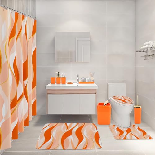 XLHOMO Bathroom Set - Orange and Gold Bathroom Accessories, Bathroom Sets with Shower Curtain and Rugs, Orange Shower Curtain Set with Bathroom Trash Can, Soap Dispenser, Soap Dish for Home Decor - color: Stripe Orange & Gold, size: Complete Set + Bath Ru