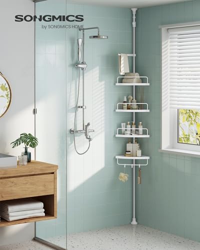 SONGMICS Corner Shower Caddy Tension Pole, 4-Tier Rust-Resistant Shower Organizer, Shower Shelf, Drill-Free, 35.8 to 118.1 Inches, Height Adjustable Trays, for Bathroom, Cloud White UBCB008W01 - color: Cloud White