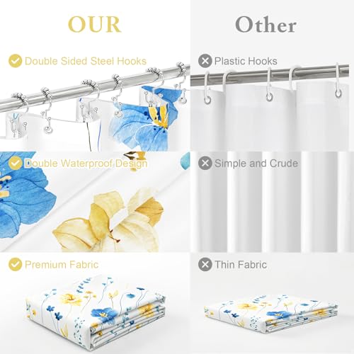 Gibelle Small Stall 3 in 1 Shower Curtain Set, Blue Yellow Watercolor Floral Bath Curtain and PEVA Liner Set with 12 Double Sided Steel Hooks, Waterproof Fabric Bathroom Curtain 36x72 - color: Blueyellow, size: 36"W x 72"L (Pack of 1)