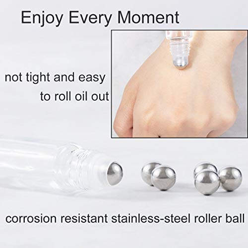 6Pcs 10ml Essential Oil Roller Bottles, with Stainless Steel Roller Balls, 10ml Clear Glass Roll on Bottles for Essential Oils, 1 Extra Roller Ball, 6 Labels, 1 Openers, 2 Droppers Included - color: Clear