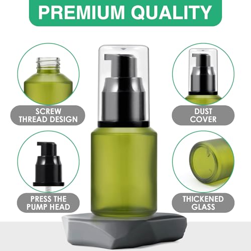 3PCS 30ML/1OZ Empty Green Frosted Glass Bottles with Pump Refillable Vial Cosmetic Dispenser Jars Storage Travel Lotion Container Portable Sample Bottle for Toiletries,Foundation,Cream,Gel,Lotion - color: Green, size: 1 Ounce