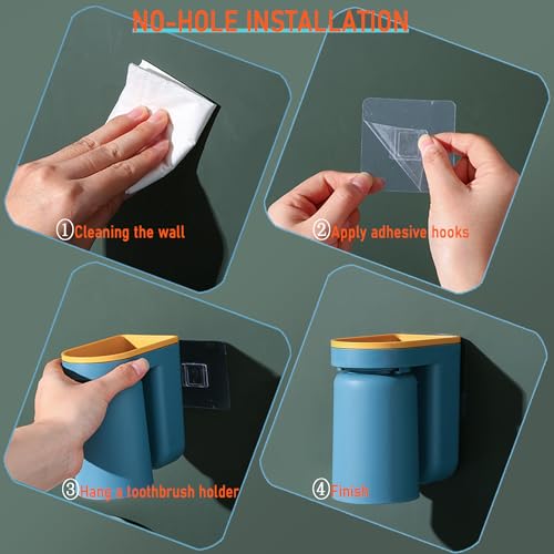 Toothbrush Holder Wall Mounted with Cup,2-in-1 Toothbrush Holders & Cups Set,Inverted Design for Easy Cleaning and draining,Stick-on Toothbrush Holder for Bathroom (Blue) - color: Blue