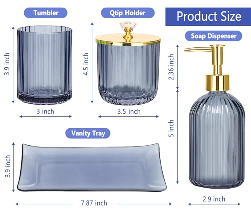 Haturi Bathroom Accessories Set, 4 Pcs Blue Glass Bathroom Accessories Sets Complete w/Lotion Soap Dispenser, Toothbrush Holder, Apothecary Jar, Vanity Tray, Bathroom Decor, Gift for Home Apartment - style: Blue