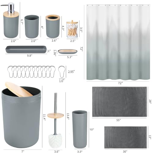 iMucci Bathroom Accessories Bathroom Sets with Shower Curtain, Bath Towel Set, Trash Can, Toilet Brush, Soap Dispenser, Bathroom Accessories Set Complete - size: Bath Set+Shower Curtain+Bath Towel Set, style: Grey