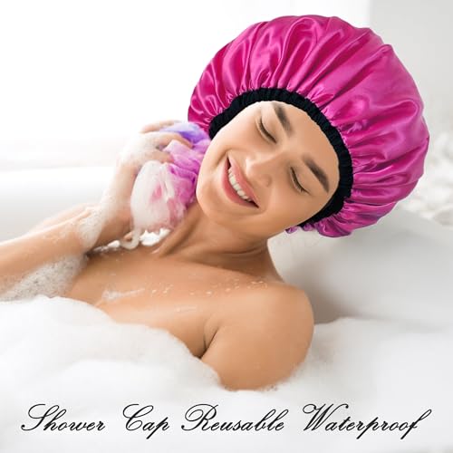 Shower Cap for Women, Large Shower Caps Reusable Waterproof with Elastic Band, Silky Satin Double-layer Bath Cap for Braids Long Hair - color: Set H