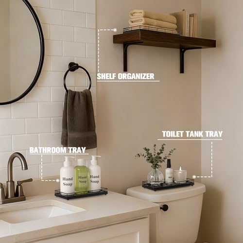 Bathroom Vanity Tray for Countertop, 12" x 6" Oak Wood Toilet Tank Tray | Metal Guardrail, Bathroom Organizer for Soap, Perfume & Skincare, Non-Slip Decorative Tray for Dresser & Vanity, Black - color: Black, size: 12" x 6" x 1.5"