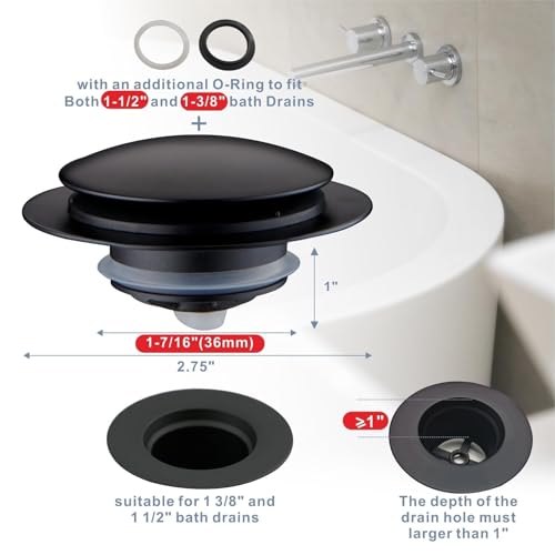 Matte Black Tub Drain Stopper, Hidrop Pop Up Universal Tub Dain Tip Toe Bathtub Drain Stopper, Fit 1.375 to 1.5 Inches, Replaces Lift and Turn, Tip-Toe and Trip Lever Drains for Tub, EZ Installation - color: Black