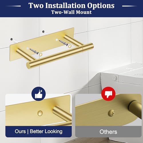Brushed Gold Toilet Paper Holder, Adhesive or Screw Toilet Roll Holder Wall Mount, SUS304 Stainless Steel Double Post Pivoting Toilet Roll Holder for Bathroom, Kitchen, Washroom - color: Brushed Gold