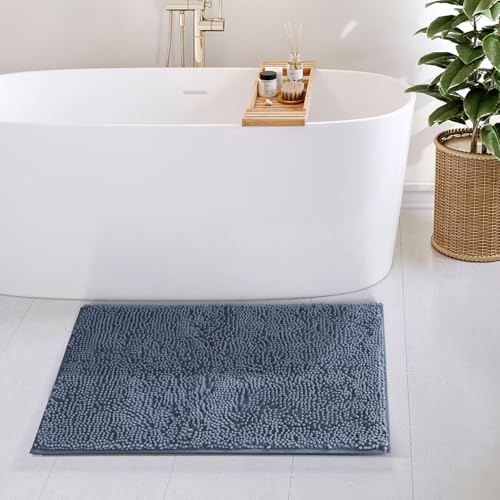 Hearth & Harbor Bathroom Rugs, Chenille Bath Mat - Machine Washable Bath Mats for Bathroom Non-Slip Backing Rubber, Quick Dry Bathroom Mat, 20 x 32 - Stone Blue - color: Stone Blue, style: 20 x 32