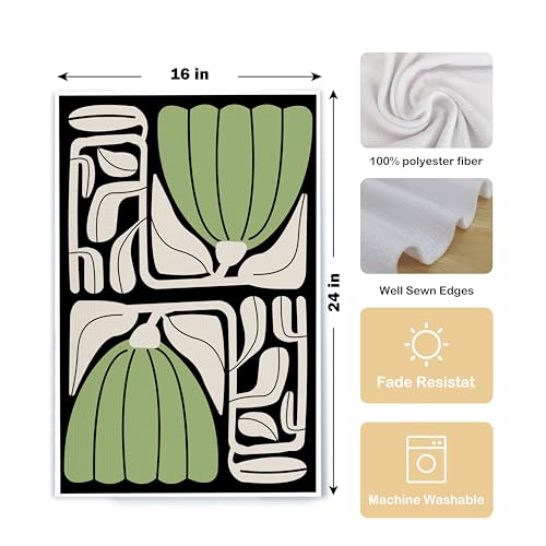 Abstract Boho Green and Beige Floral Kitchen Towels Set of 2, Retro 70s Groovy Floral Hand Towels for Bathroom Decor, Modern Minimalist Botanical Dish Tea Towels for Kitchen Decor, 16x24 Inch - color: Boho Green